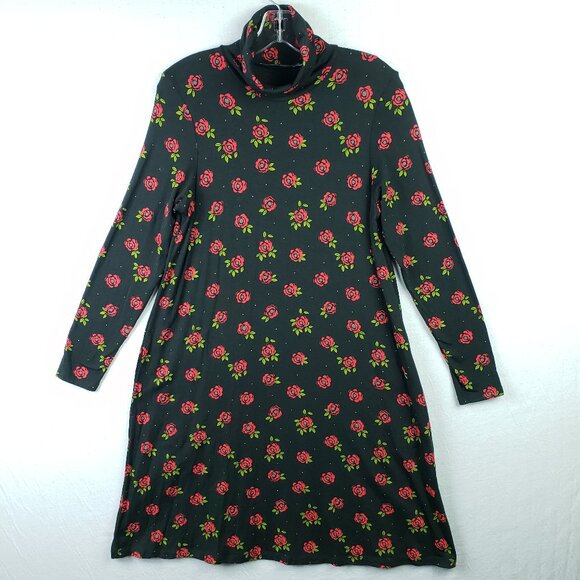 Gudrun Sjoden Dress Jersey Turtleneck Long Sleeve Floral Rose Print Black Size S - Picture 2 of 11